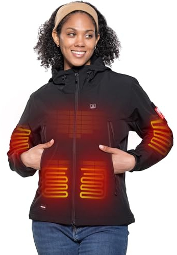 DEWBU Heated Jacket for Women with 12V Battery Pack Winter Outdoor Soft Shell Electric Heating Coat, Women's Black, M