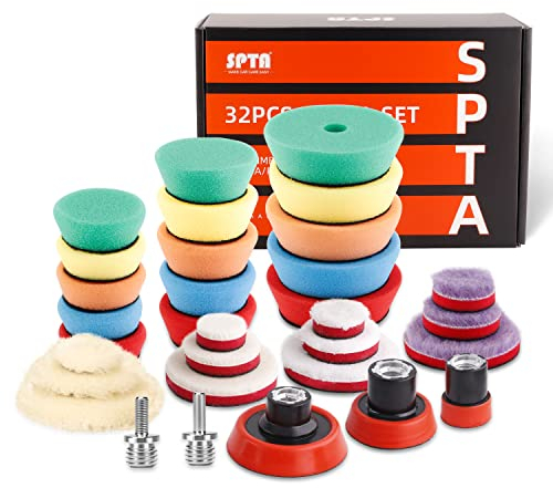 SPTA Mini Polierschwamm, 32tlg 25mm 50mm und 80mm Polierschwämme Auto Polierscheibe M14 Adapter Bohren für exzentrische Poliermaschine schleifmaschine