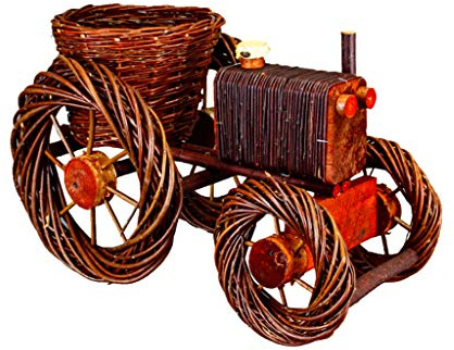 Damian-Wiklina Panier à Fleurs en Osier Forme Tracteur – Panier à Plantes – Support Pot de Fleurs – Décoration Jardin – Foncé, 51 x 28 x 28 cm, Ø 25 cm