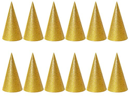 Toyvian 12PCS Birthday Paper Cone Hat Glitter Sparkling Triangle Cone Hat Photo Prop Decorative Crown Headband for Birthday Xmas New Year Party Golden, M