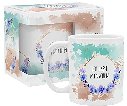 yvolve - Ich hasse Menschen - Tasse aus Keramik mit lustigem Spruch rundum bedruckt mit Verpackung - Spülmaschinenfest