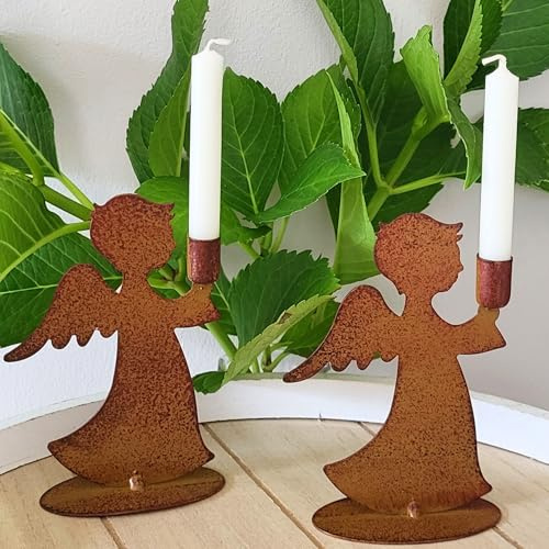 Kerzenständer Set 2er mit Rost Engel mit zum Stellen als Weihnachtsdeko 13cm hoch