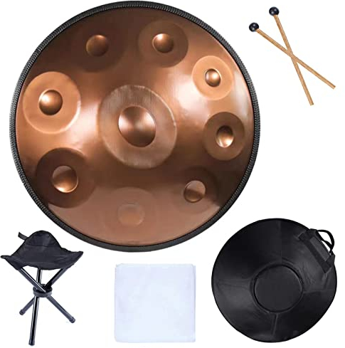 FYLZW Handpan Drum in D Minor, 432 Hz, Stahl, Bronze, mit Handpan Stand und Mallets, für Klangheilung und persönliche Meditation