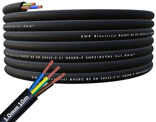 SHPELEC® H05RR-F 3 Core Rubber Cable 1.0mm – Flexible Outdoor Electrical Wire – Black, 10m | Weatherproof & Oil Resistant for Garden, Tools, DIY, Extension Leads (1.0mm 10m)