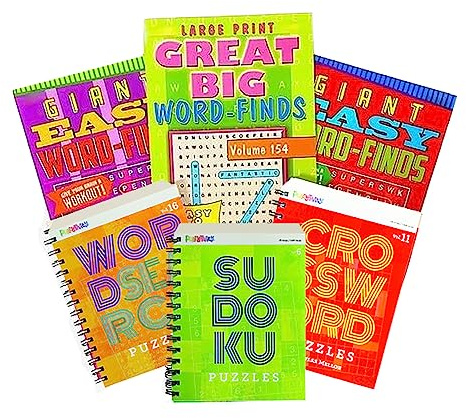 Idea Liftoff™ 6-Pack Puzzle Bundle for Adults - Word Search,Crossword,Sudoku 3 Large Print Word Search and 3 Super Digest Size (Assorted Word Finds) Great for Travel.Over 900 Puzzle Hours of Fun
