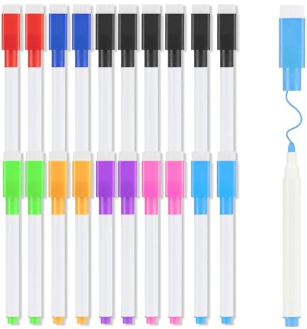 Yeria 20 Stück Whiteboard Marker,8 Farben Whiteboard Stifte mit Radiergummi,Umweltfreundlicher Radierbarer Folienstift Abwischbar,Whiteboard Marker für Fenster,Glas und Tafeln