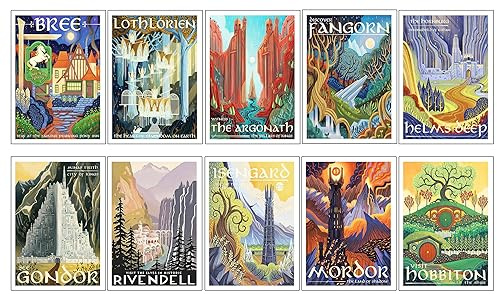 DKORARTE Set 10 cuadros base madera, Decoración Salón Modernos, Dormitorios, Habitación, Series y Películas El señor de los Anillos, El Hobbit con colgadores metálicos, (38 x 29 cm cada cuadro)