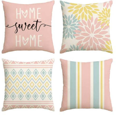 Artoid Mode Lot de 4 housses de coussin géométriques avec motif dahlias, rose et bleu, 45 x 45 cm, printanier, pour canapé, salon, extérieur