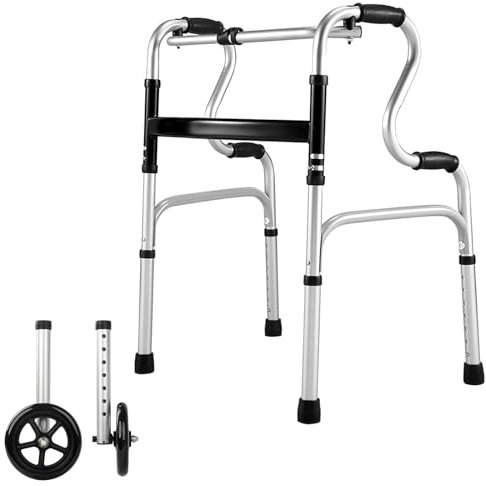 Stepped Handrail Walker with 6-inch Bearings Wheels - Aluminum Foldable Walkers for Seniors, 8-Level Height Adjustable Walkers for Elderly, Lightweight Folding Walker with Small Bag, Silver