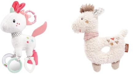 Fehn Activity Spielzeug Einhorn - Motorikspielzeug mit Befestigungsring & Baby Ring Greifling Lama - Kuscheltier Babyspielzeug mit Rassel