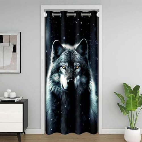 Türvorhang mit Wolf-Motiv, bedruckt, 86,4 x 203,2 cm (B x L), glitzernd, Mond, Sterne, Galaxie, traumhaft, Türvorhang, Privatsphäre für Kinder, Teenager, Erwachsene, abstraktes Aquarell, wilder
