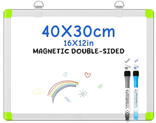CUHIOY Small Double-Sided Portable Whiteboard for Wall Hanging, 40x30cm | Includes 2 Marker Pens, A3 Magnetic White Boards with Aluminum Frame, Portable Board for Kids Student Drawing Writing