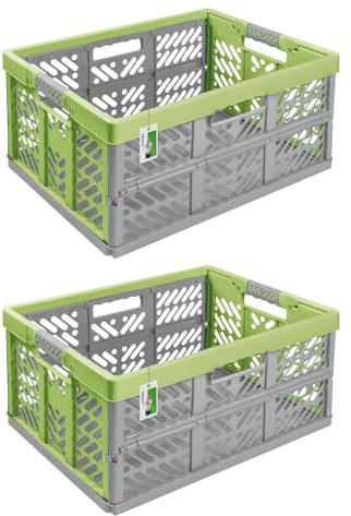 2X Stabile Profi Klappbox 45L - 54 x 37 x 28 cm - Einkaufskiste klappbar mit Soft-Griffe - Transportkiste stapelbar, Grass Green