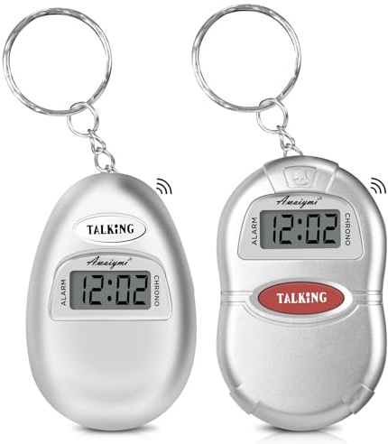 Awaiymi 2 Pack Talking Clock for Blind Elderly, Small Travel Alarm Clock Keychain for Visually Impaired, English Language Battery Operated Talking Clock for Seniors