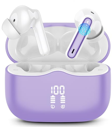 Ecouteurs Bluetooth Sans Fil, Écouteurs Bluetooth 5.3 Hi-FI Son Stéréo avec 4 ENC Réduction Antibruit Mic Casque, 40H Récréation, IP7 Étanche Oreillette, Contrôle Tactil pour iOS Android, Violet