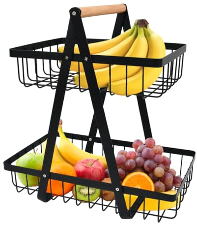 YOPEUC Fruteros de Cocina 2 Pisos, Cesta de Frutas de 2 Niveles, Negro Cesta de Cocina para Frutas y Verduras, Frutero 2 Pisos para Cocinar, Verduras, Aperitivos y Pan