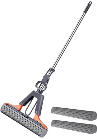 Wischmopp, Schwammwischer mit 110cm Stiel Saugfähig Bodenwischer mit 2 Schwammköpfe, Selbstwringender Bodenreinigungs Mopp für Fliesen,Laminat,Hartholz Böden Reinigung