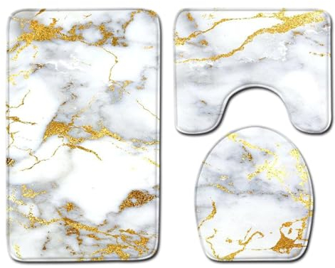 Bad Teppiche Set 3-Teiliges Gold Weißer Marmor WC Vorleger Mit Ausschnitt Badematte Saugfähig WC Deckelbezug Badvorleger rutschfest Waschbar Toilettensitzbezug Badgarnitur (45x75cm)