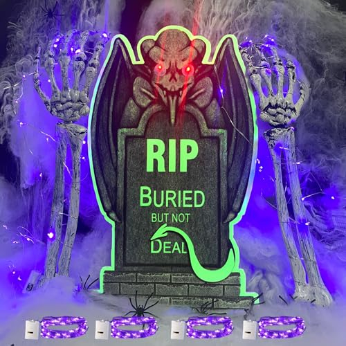 Beleuchteter Grabstein, Dekoration, Halloween, Hand, Skelett, gruselig, Spinne, Dekoration, für Innen- und Außenbereich, für Tür, Garten, Hof, Rasen