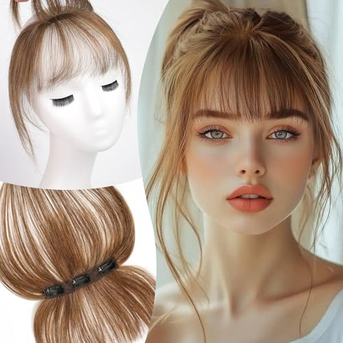 EMMOR Clip in Pony, 100% Echthaar Pony mit 3 rutschfesten Clips, 360° Deckhaar-Aufsatz mit 11 cm natürlichen Ponyfransen zur Verschönerung der Gesichtszüge(Asch-Braun)