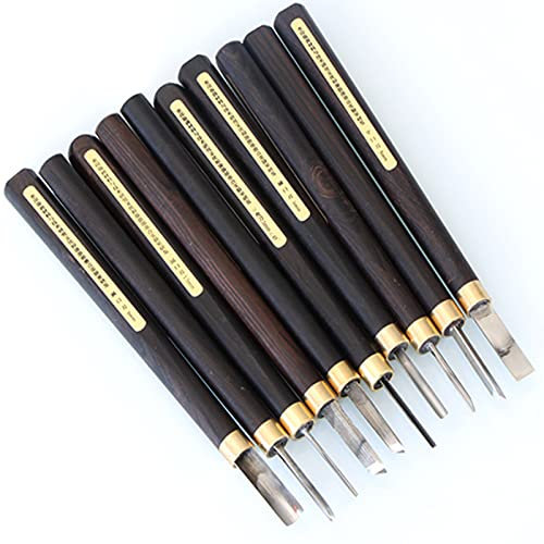 Lot de 10 outils de sculpture sur bois, ensemble d'outils de sculpture sur bois avec housse de protection en plastique, couteau à découper, aiguiseur de couteau à découper pour cuillère, bol, tasse