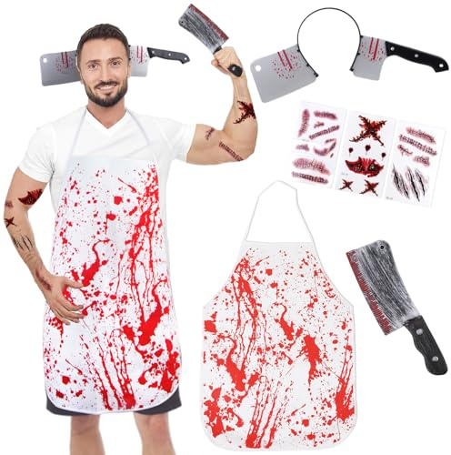 Moiuguli Costumi di Halloween per gli uomini, grembiule di Halloween da uomo macellaio idee costume di Halloween maschile-1 grembiule sanguinante 2 mannaia attraverso la testa giocattolo 3 fogli