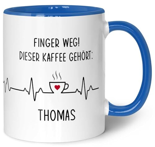 GRAVURZEILE Bedruckte Tasse mit Spruch - Finger Weg! - Personalisiert mit Name - Lustige Geschenke für Arbeitskollegen im Büro Arbeit - Geschenk für Sie & Ihn - Spülmaschinenfest - Blau