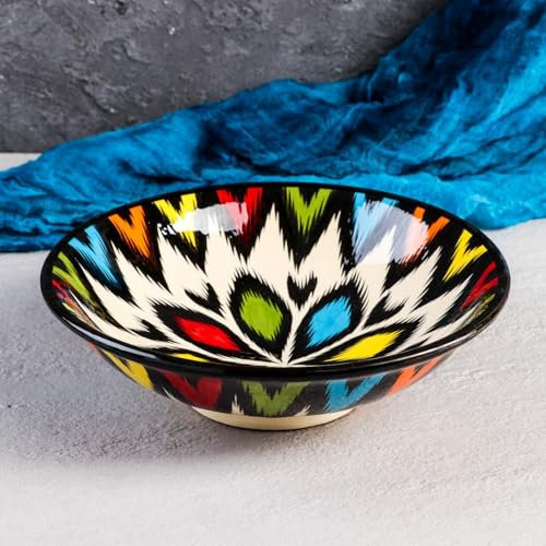 Plato hondo de cerámica Rishan hecho a mano, plato hondo uzbeko con patrones nacionales, plato caliente redondo de 22,8 cm