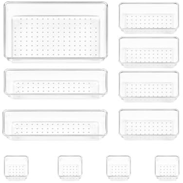 Strehknewen 11 Stück Schubladen Organizer Set – 4 Größen Transparentes Ordnungssystem – Schubladentrenner für Make-up, Bad, Büro, Küche – Stapelbare Aufbewahrungsboxen Kunststoff