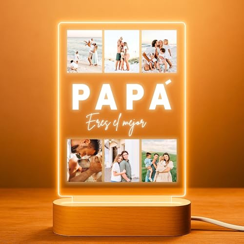 Cristal Plaque - Lámpara Personalizada PAPÁ con 6 Fotos y Texto | Lámpara LED para Fotos con Base de Madera | Regalo Original Día del Padre y Cumpleaños | Placa Metacrilato Personalizada
