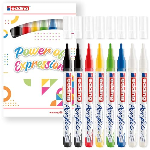 edding 5300 Acrylmarker Fein - Grundfarben - 8 wasserfeste Acrylfarbmarker - feine runde Spitze 1-2 mm - Acrylmalstift zum Zeichnen auf Leinwand, Kunstpapier und Holz - Acrylmarker für Kieselsteine