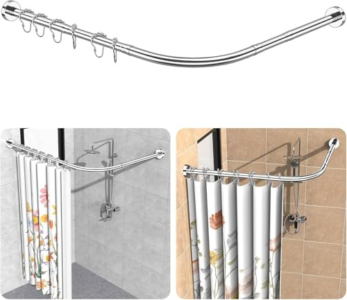 L-formad Teleskopisk Duschdraperistång Utan Hål, 75-105 x 75-105 cm, Teleskopisk Bastöe för Hörndusch i Rostfritt Stål 304 Med 18 Ringar, Ingen Takfäste, För Badrum - Silver