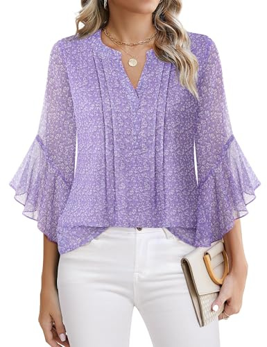 Timeson 3/4 Length Sleeve Womens Tops: Wrinkle Free Business Casual — Summer Blouses for Women — Ladies Dress Shirts Office Work Attire Chiffon Elegant Formal Wear Travel Holiday Tall Multi Violet XL