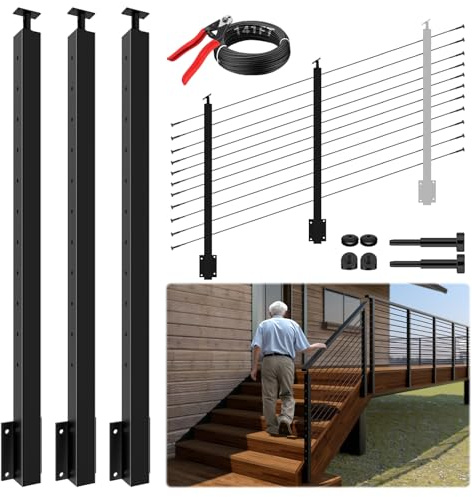 Gyykzz 3 Pack Complete Set Side Mount Stair Cable Railing Post Kits 44 for 36/42 Railing System, All Black Space-Saving Right Side Fascia Mount 33° Deck Stair Post Fit for 28-38 Degree Stairway