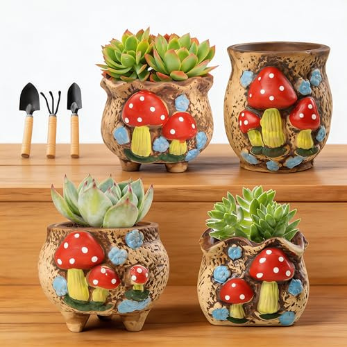 Blumentopf, 4 Stück Bunte Blumentöpfe In Pilzform Keramik Sukkulenten Töpfe mit 3 Schaufeln Handgezeichnete Süße Pflanzentopf für Vielzahl Kleiner Pflanzenarten Einschließlich Kaktus Künstliches Grün