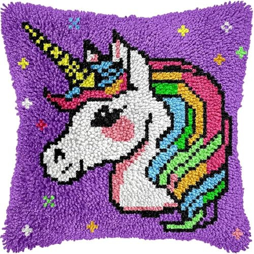 KnüpfKissen Set Erwachsene Kinder mit vordruck Pferd Einhörner Prinz Junge Lila knüpfteppich zum selber knüpfen Kissenbezug Anfänger DIY Handarbeit Stickerei Sets Handgemachtes Handwerk Sofa Wohnkultu
