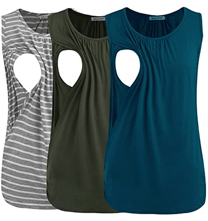Smallshow Women's Maternity Nursing Tops Sleeveless Breastfeeding Vest Clothes 3 Pack,Army Green-Teal-Light Grey Stripe,XL
