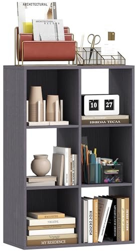 HOMCOM 6-Cube Bookshelf, Modern Freestanding 3-Tier Bookcase, Display Shelving Unit for Living Room, Bedroom, Home Office, Study, Grey