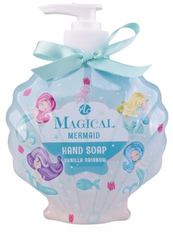 Accentra MAGICAL MERMAID Savon liquide pour les mains pour fille 340 ml dans un distributeur bleu à pompe avec motif sirènes au design coquillage, savon doux pour les mains avec nœud, parfum : vanille