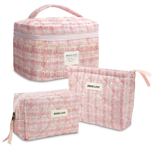 Carttiya 3pcs Beauty Case da Viaggio Donna, Trucchi da Toilette MakeUp Matelassata in Poliestere, Grande Capacità Cosmetica Borsa da Toilette Viaggio per Donna e Ragazza (Rosa)