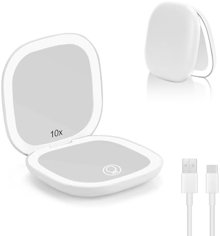 Collazoey LED Miroir Grossissant, 1X/10X Miroir de Poche Chargement USB, 3 Lumières Réglable, Interrupteur Magnétique Pliable de Maquillage, Portable Grossissant de Voyage (Blanc)