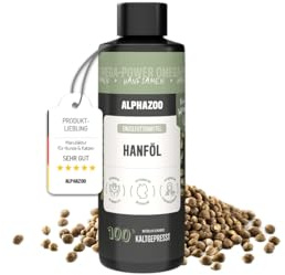 alphazoo Olio di canapa per cani 100 ml - Olio di semi di canapa premium spremuto a freddo - Supporta il sistema immunitario e le difese - Ricco di Omega 3-6-9 per pelle, pelliccia, articolazioni e