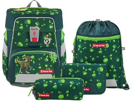 Step by Step SPACE Schulranzen-Set Dino Targo, 5-tlg., grün, 20 l, Ergonomisches Schulranzen-Set im Dino-Design mit Reflektoren und verstellbarem Hüftgurt