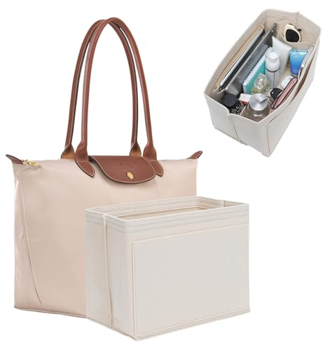 KESOIL Premium Felt Purse Organizer Insert for Longchamp Le Pliage M, Zipper Long Champ Bag Organizer Insert with Cup Holder, 9 Compartments(Beige, Medium)