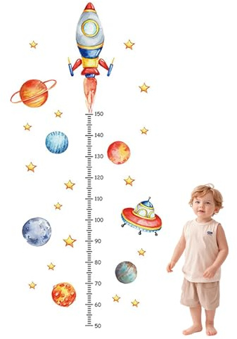 SIXHAOBU Messlatte Wandtattoo, Höhe Diagramm Wandaufkleber mit Skala, Weltraum Kinder Wandaufkleber Cartoon Rakete Planet Wachstumskarte Wandtattoo für Junge Mädchen (Kosmische)