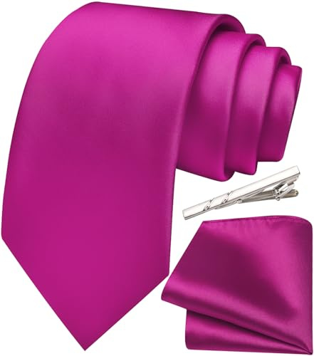 Ailisus Mens Hot Pink Tie Satin Necktie and Pocket Square Set for Wedding