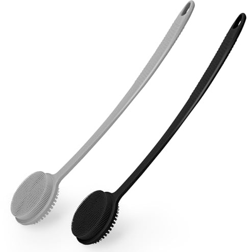 Silikonkroppsskrubbare 2-pack, exfolierande ryggskrubbare för duschrengöringsborste med långt handtag badskrubbare för kroppsbad och kroppsborstar dubbelsidig duschrengöringsborste för män (svart och