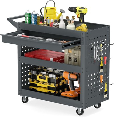 COSTWAY 3-Tier Tool Trolley on Wheels, Lockable Metal Mechanic Tool Cart with Drawer, 2 Pegboards, 8 Hooks & Handle, Rolling Utility Service Trolley for Workshop Garage Kitchen, 210KG Load (Grey)