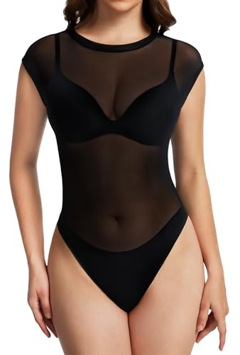 Kiiwah Canottiera Trasparente Body Donna, Sexy Maglietta Trasparente con Scollo Tondo Maglia Rete Body con Bottoni a Pressione Senza Maniche Maglietta Nera Mesh Tops Festa Abbigliamento da Discoteca
