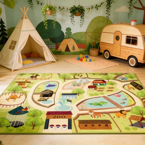 PECAN BUN Kinder Teppich Spielteppich Straßen Maschinenwaschbar Kurzer Flor Pädagogischer Spielteppich， rutschfest Autoteppich Junge Mädchen für Schlafzimmer & Spielzimme (Zoo, 140x200 cm)